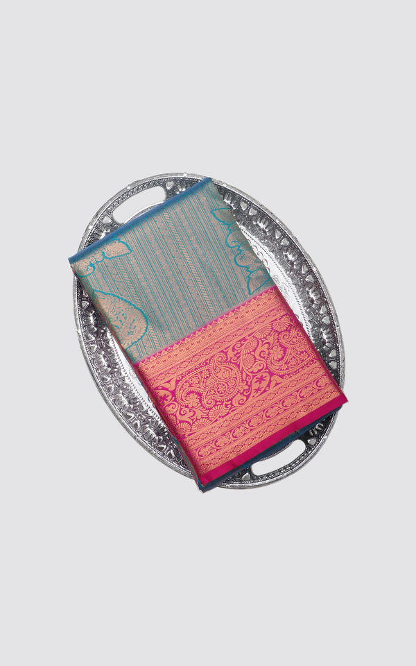 Peacock Blue and Dark Pink Tissue Silk Saree